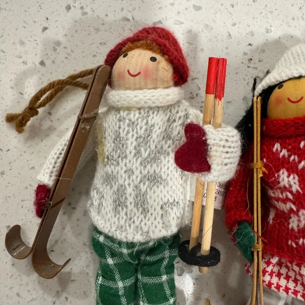 Target brand Christmas ornaments- 2 knit skiers red green white